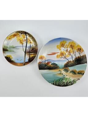 Vintage Mid-Century Japanese Hand-Painted Hanging Plates Fall Leaves River Scene